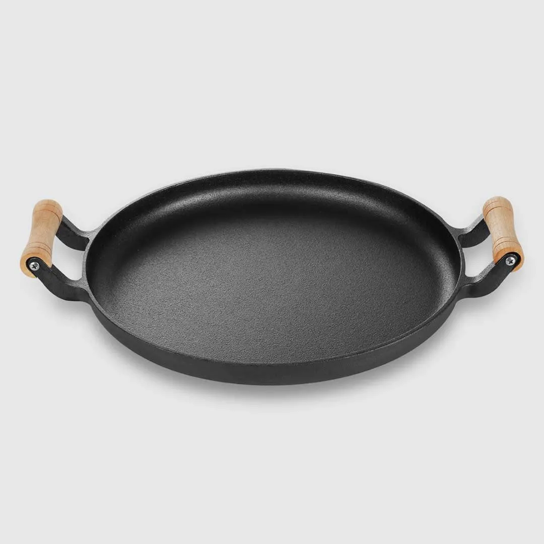 SOGA 2X 31cm Cast Iron Frying Pan Skillet Steak Sizzle Fry Platter With Wooden Handle No Lid