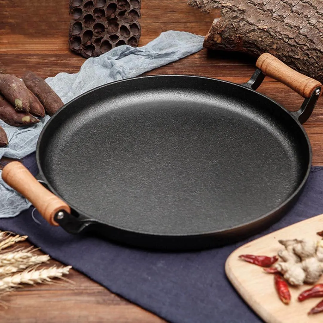 SOGA 2X 31cm Cast Iron Frying Pan Skillet Steak Sizzle Fry Platter With Wooden Handle No Lid