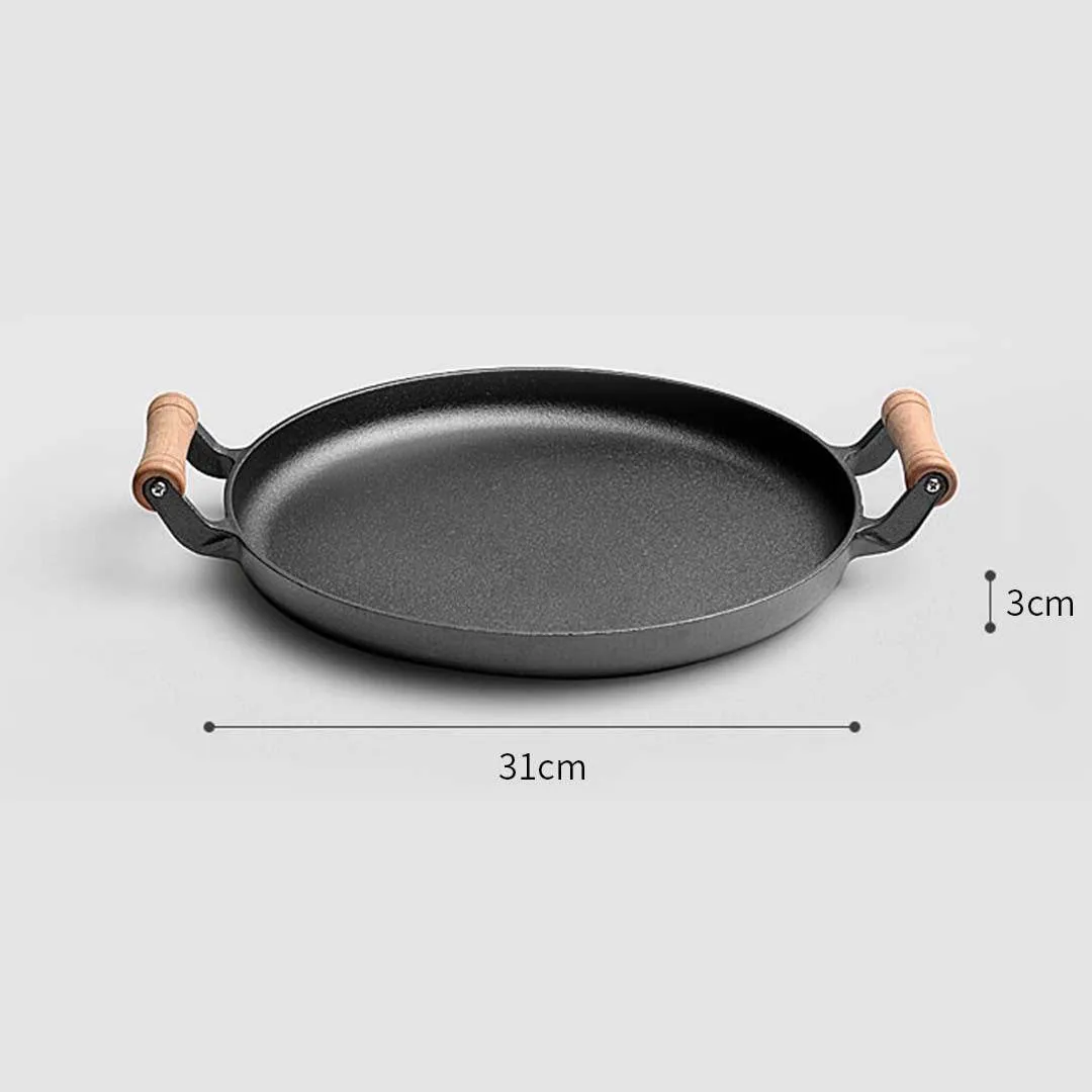 SOGA 2X 31cm Cast Iron Frying Pan Skillet Steak Sizzle Fry Platter With Wooden Handle No Lid