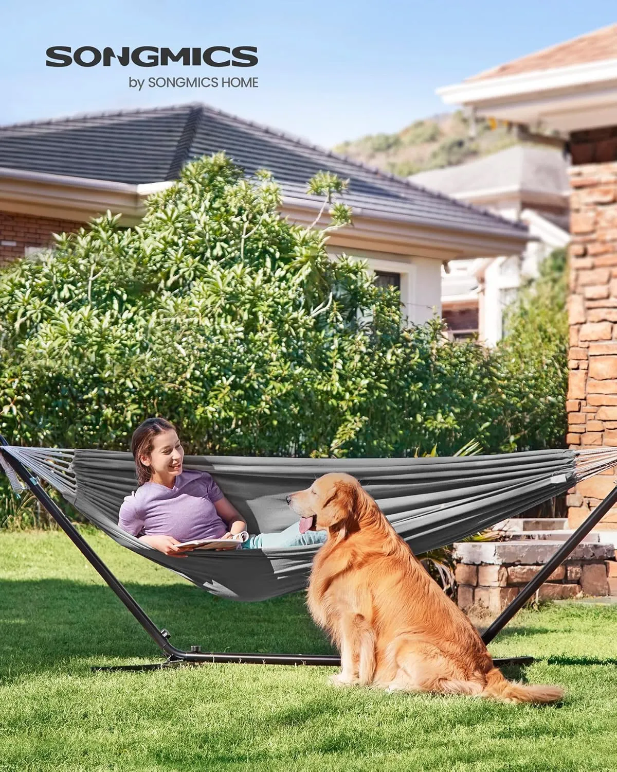 SONGMICS Double Hammock with Stand, 82.7 x 59.1 Inches, 529 lb Load Capacity, Portable Hammock, for Terrace, Balcony, Garden, Outdoor, Camping, Black and Gray UGHS001G01