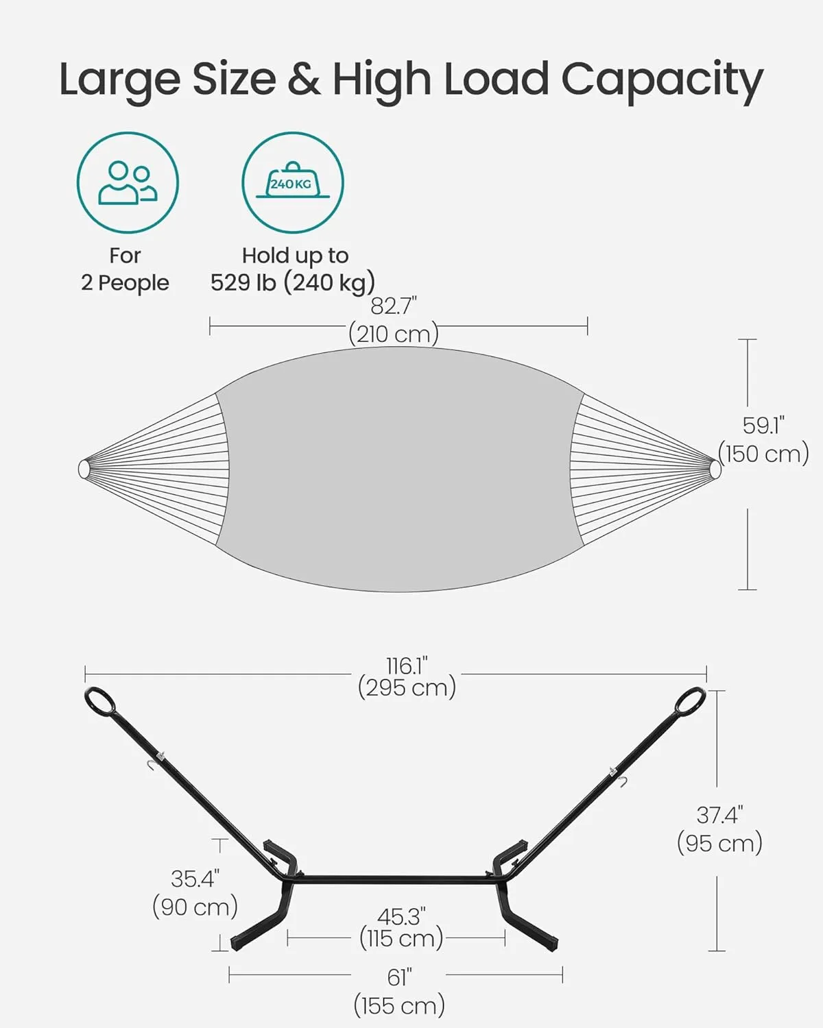 SONGMICS Double Hammock with Stand, 82.7 x 59.1 Inches, 529 lb Load Capacity, Portable Hammock, for Terrace, Balcony, Garden, Outdoor, Camping, Black and Gray UGHS001G01