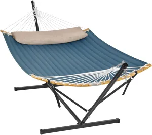 SONGMICS Hammock with Stand, Quilted Hammock with Curved Bamboo Spreaders, Pillow, 78.7 x 55.1 Inches, Portable Padded Hammock Holds up to 440 lb, Black and Blue UGHS002Q01