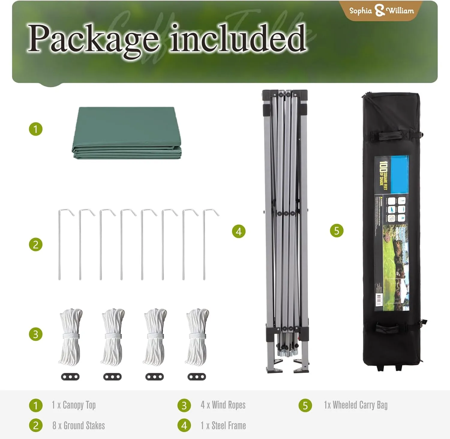Sophia & William Canopy Tent Pop Up 10x10 ft, Outdoor Patio Portable Commercial Canopies Shelter Heavy Duty Straight Legs with Roller Bag, 8 Stakes, 4 Guy Ropes, UPF50 , Green