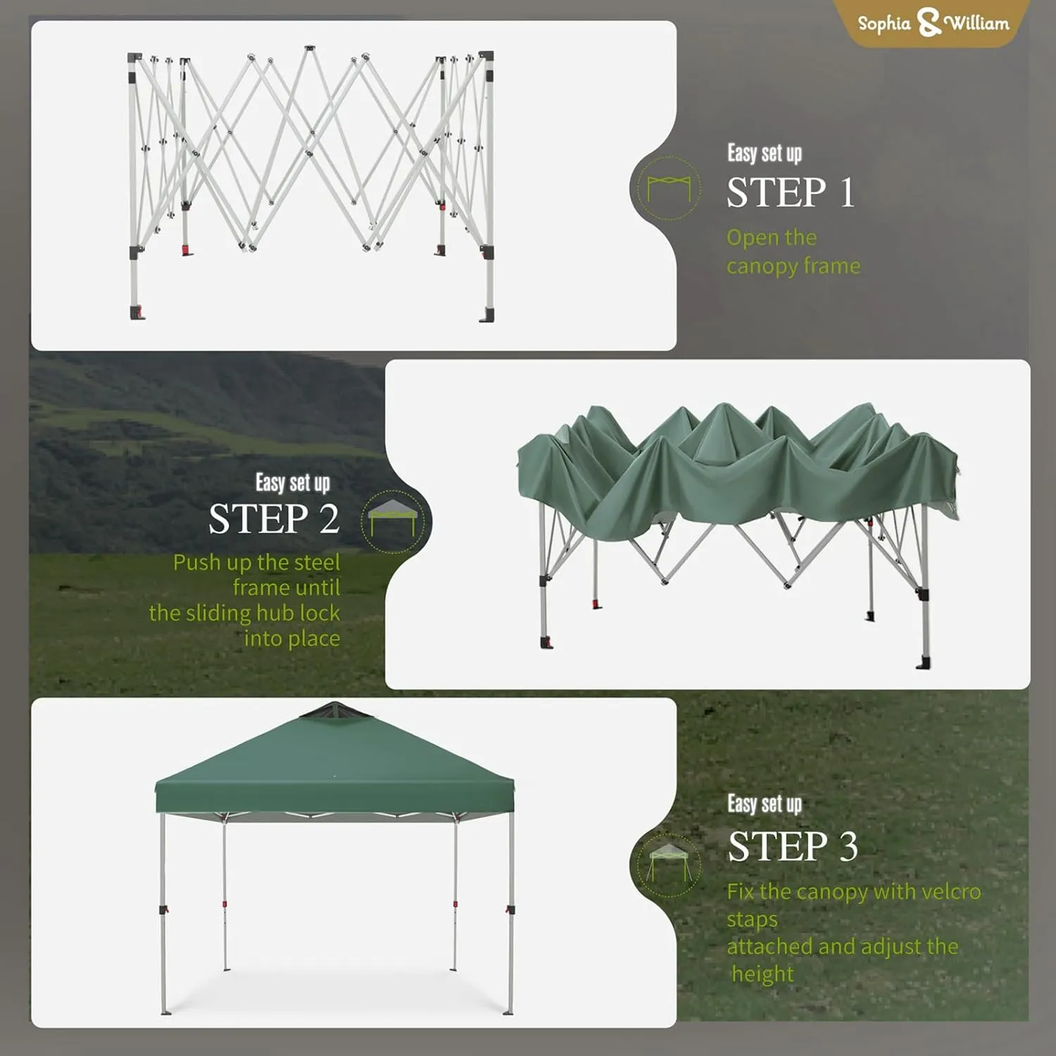 Sophia & William Canopy Tent Pop Up 10x10 ft, Outdoor Patio Portable Commercial Canopies Shelter Heavy Duty Straight Legs with Roller Bag, 8 Stakes, 4 Guy Ropes, UPF50 , Green
