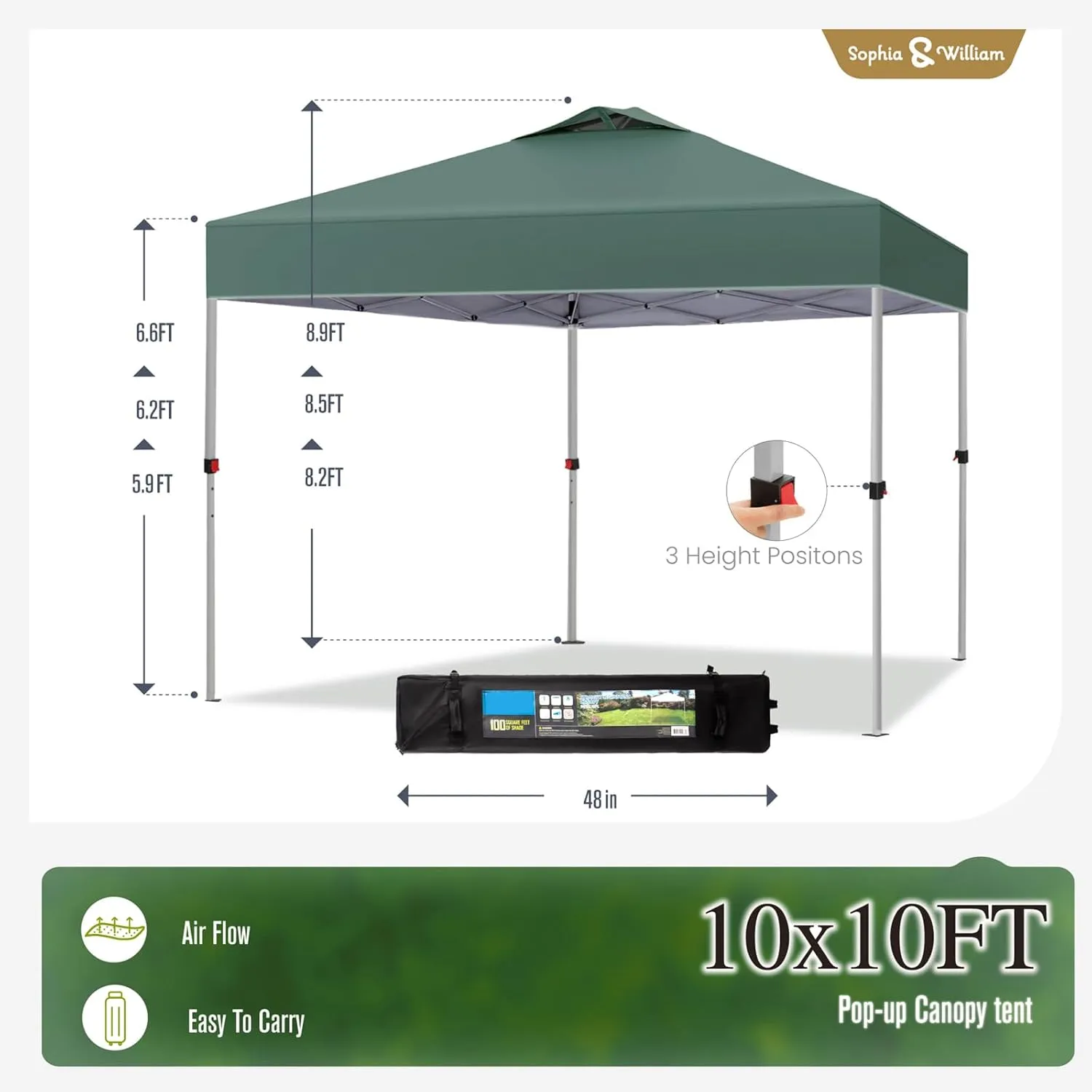 Sophia & William Canopy Tent Pop Up 10x10 ft, Outdoor Patio Portable Commercial Canopies Shelter Heavy Duty Straight Legs with Roller Bag, 8 Stakes, 4 Guy Ropes, UPF50 , Green