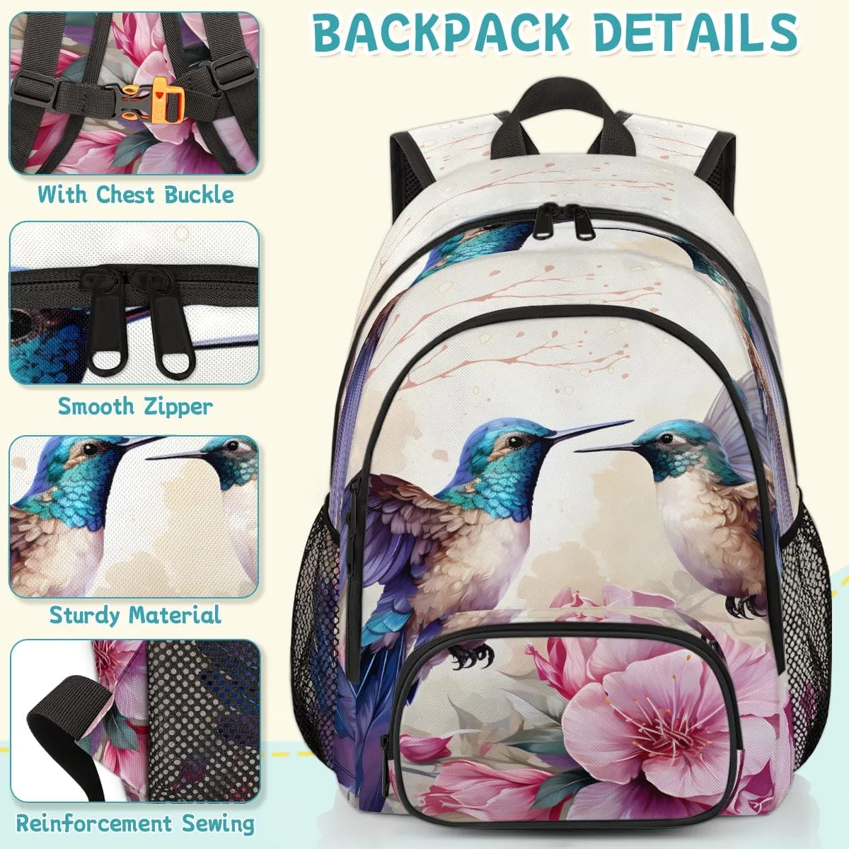 Spring Hummingbird Carry on Travel Backpack for Women Men Water resistant Lightweight Rucksack Backpack for Weekender Casual Work Hiking Floral Bird