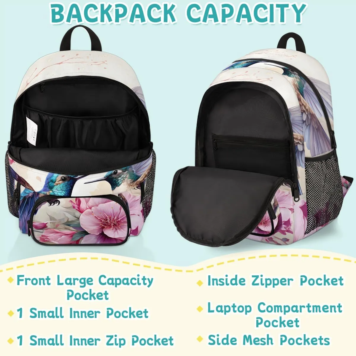 Spring Hummingbird Carry on Travel Backpack for Women Men Water resistant Lightweight Rucksack Backpack for Weekender Casual Work Hiking Floral Bird