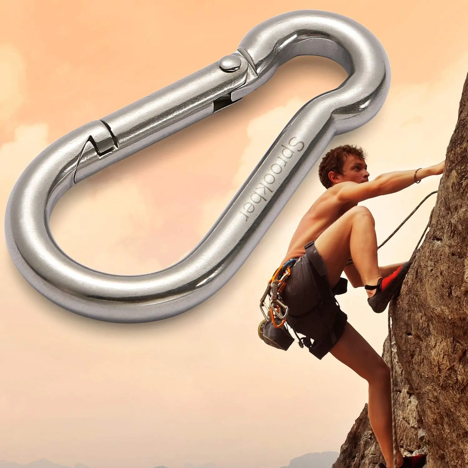 sprookber Stainless Steel Spring Snap Hook Carabiner - 304 Stainless Steel Clips, Set of 6