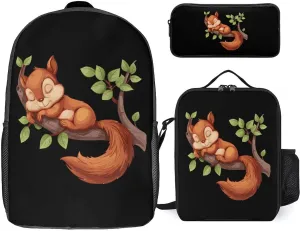 Squirrel Sleep 3Pcs Backpack Set Cute Laptop Backpack Travel Daypack with Lunch Bag Pencil Case