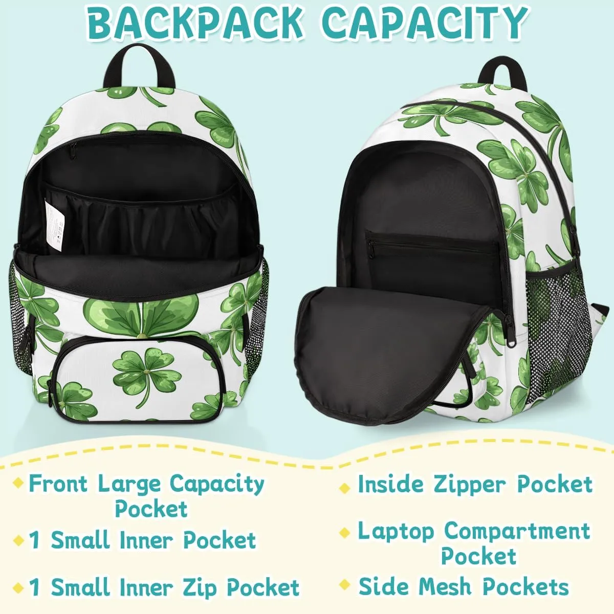 St Patrick's Day Carry on Travel Backpack for Women Men Water resistant Lightweight Rucksack Backpack for Weekender Casual Work Hiking Green Shamrock Clover Spring