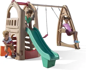 Step2 Naturally Playful Adventure Lodge Play Center with Glider, Kids Outdoor Playset, Two Tier Backyard Playground Set, Slide, Swings, Outside Jungle Gym, For Children 3-8 Years Old