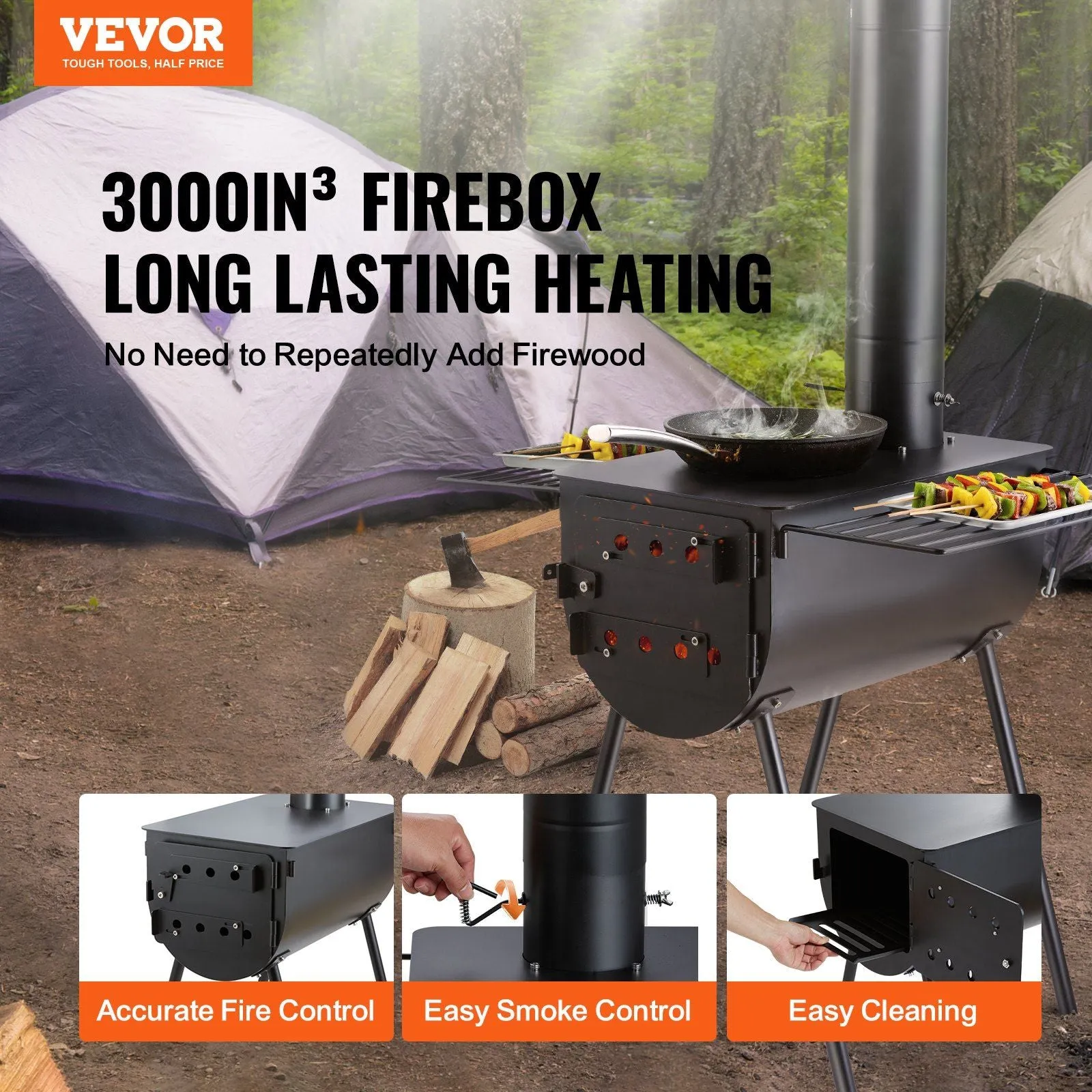 Stove, Stove and Portable Cooking Stove Gloves, Burning for Pipes Wood inch, Hot & Tailored service Heating with Pipes Camping Stove, Tent Alloy with 118 Customer-favorite Chimney 3000in³Firebox Steel Tent VEVOR Wood Outdoor 8