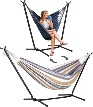 SUNCREAT 2-in-1 Convertible Double Hammocks 2 Person Heavy Duty, Large Patio Hammock with Space Saving Stand, Patent Pending, Coffee Stripe
