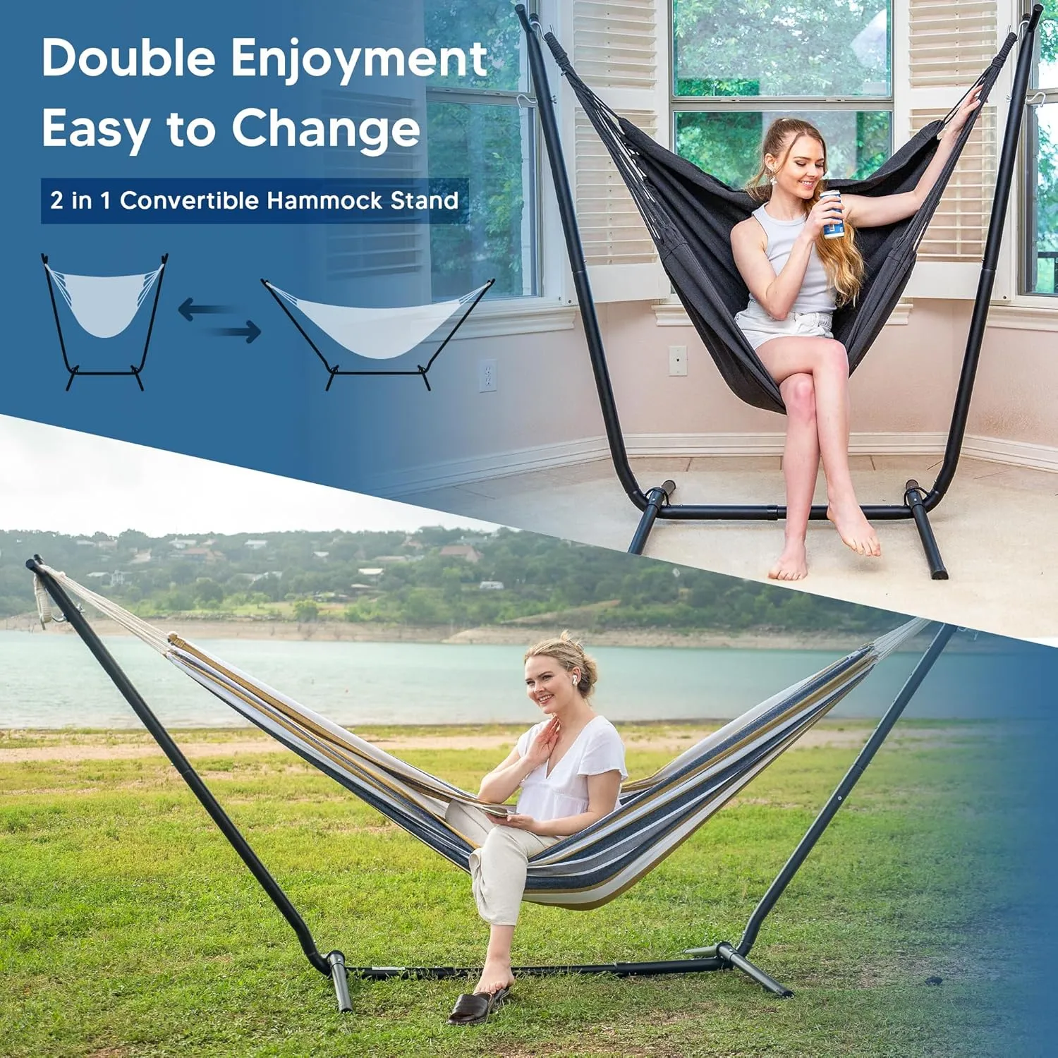 SUNCREAT 2-in-1 Convertible Double Hammocks 2 Person Heavy Duty, Large Patio Hammock with Space Saving Stand, Patent Pending, Coffee Stripe