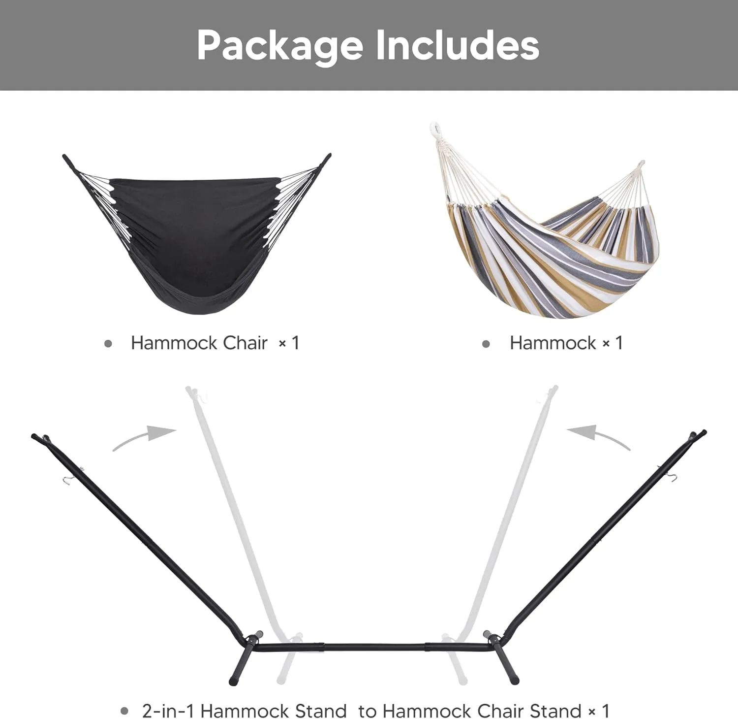 SUNCREAT 2-in-1 Convertible Double Hammocks 2 Person Heavy Duty, Large Patio Hammock with Space Saving Stand, Patent Pending, Coffee Stripe