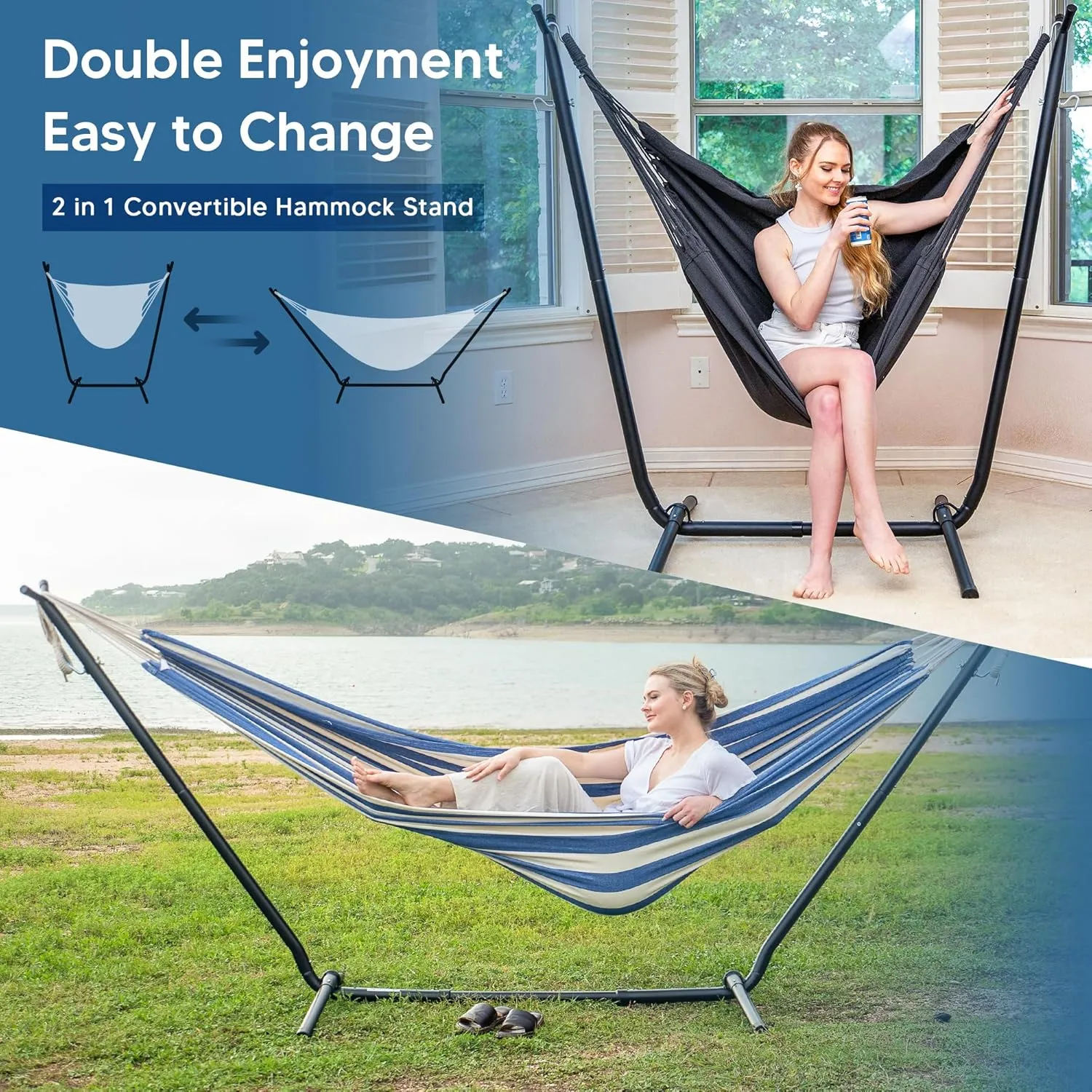 SUNCREAT 2-in-1 Convertible Free Standing Hammock with Stand Included, Camping Backyard Hammock with Stand, Patent Pending, Blue & White Stripe