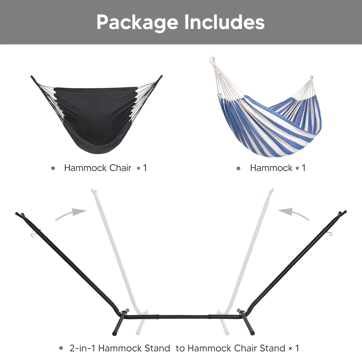 SUNCREAT 2-in-1 Convertible Free Standing Hammock with Stand Included, Camping Backyard Hammock with Stand, Patent Pending, Blue & White Stripe