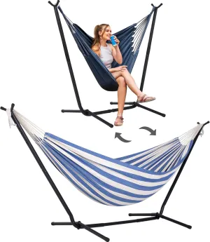 SUNCREAT 2-in-1 Convertible Free Standing Hammock with Stand Included, Camping Backyard Hammock with Stand, Patent Pending, Blue & White Stripe