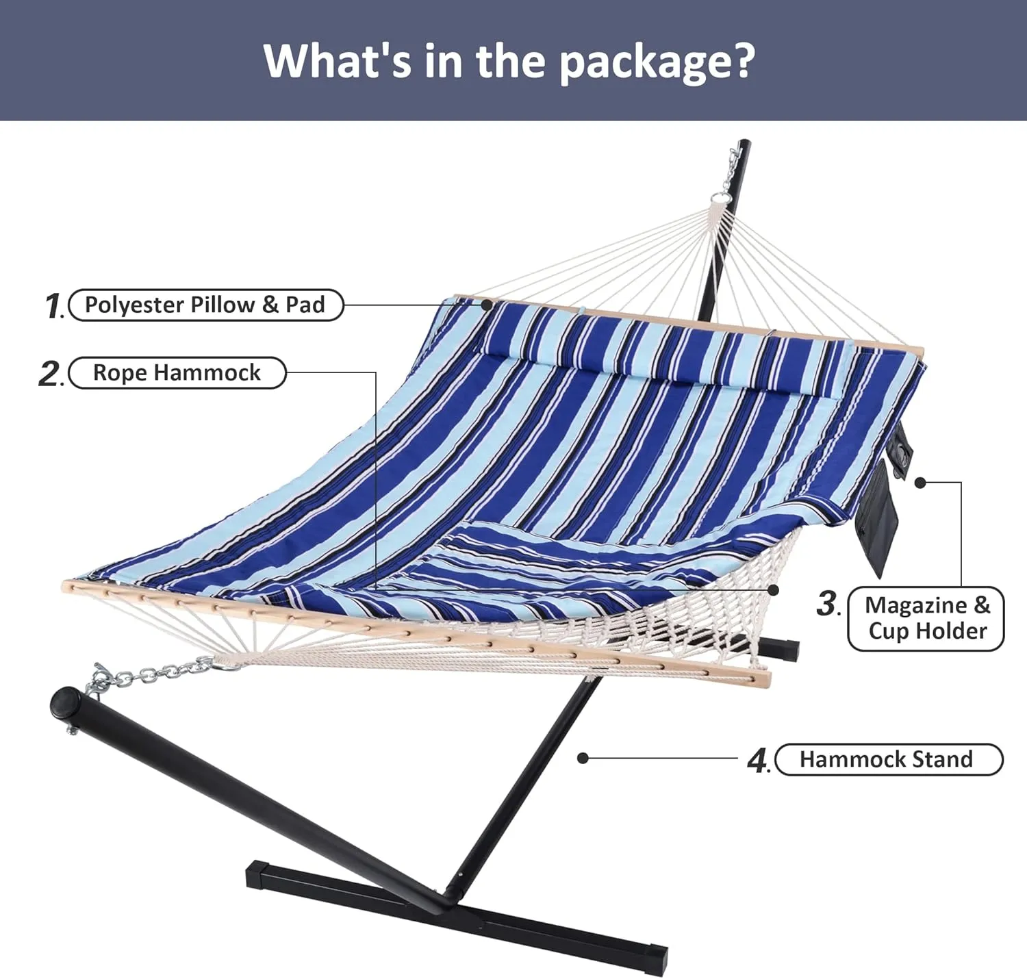 SUNCREAT Double Hammock with Stand, Two Person Cotton Rope Hammock, Blue Stripe