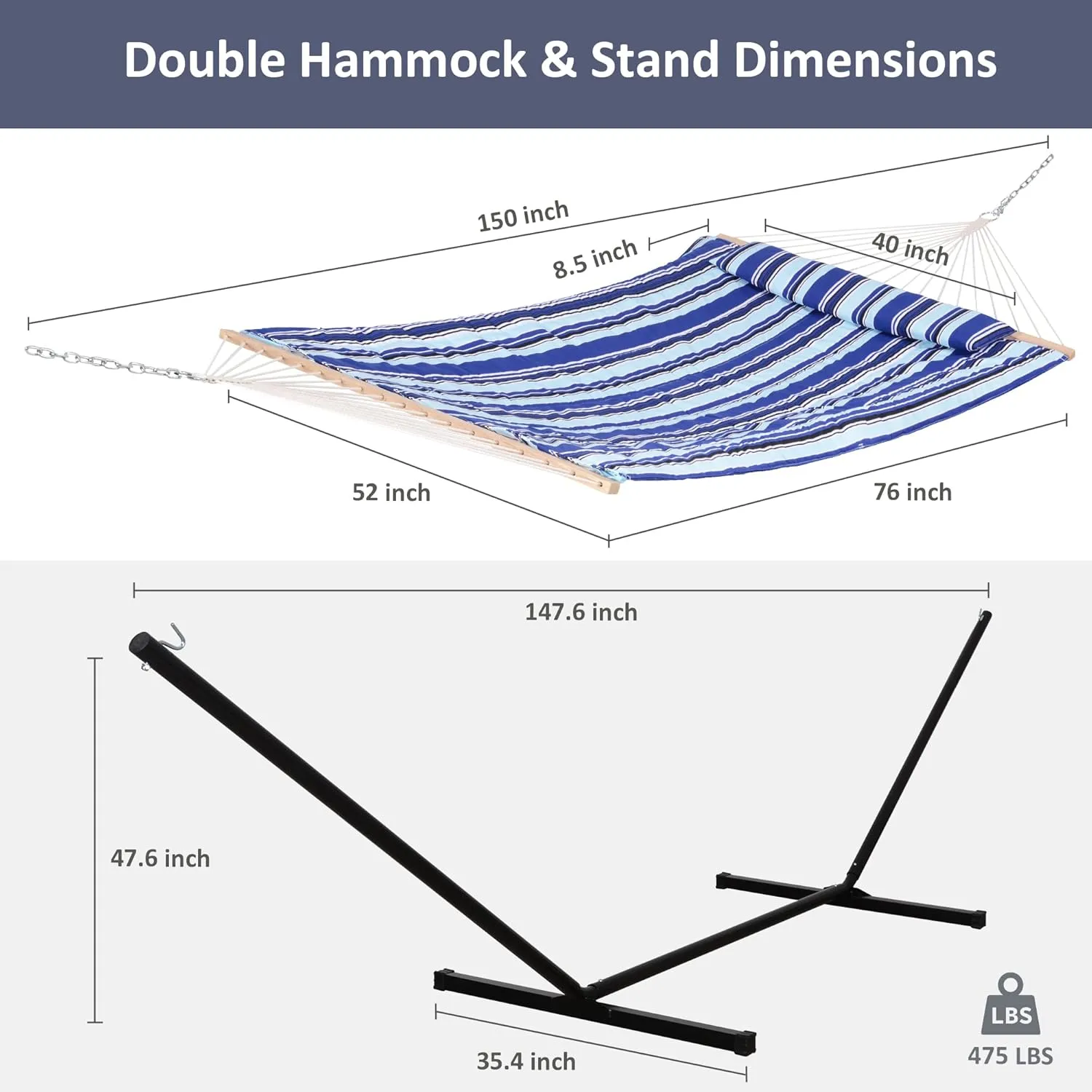 SUNCREAT Double Hammock with Stand, Two Person Cotton Rope Hammock, Blue Stripe