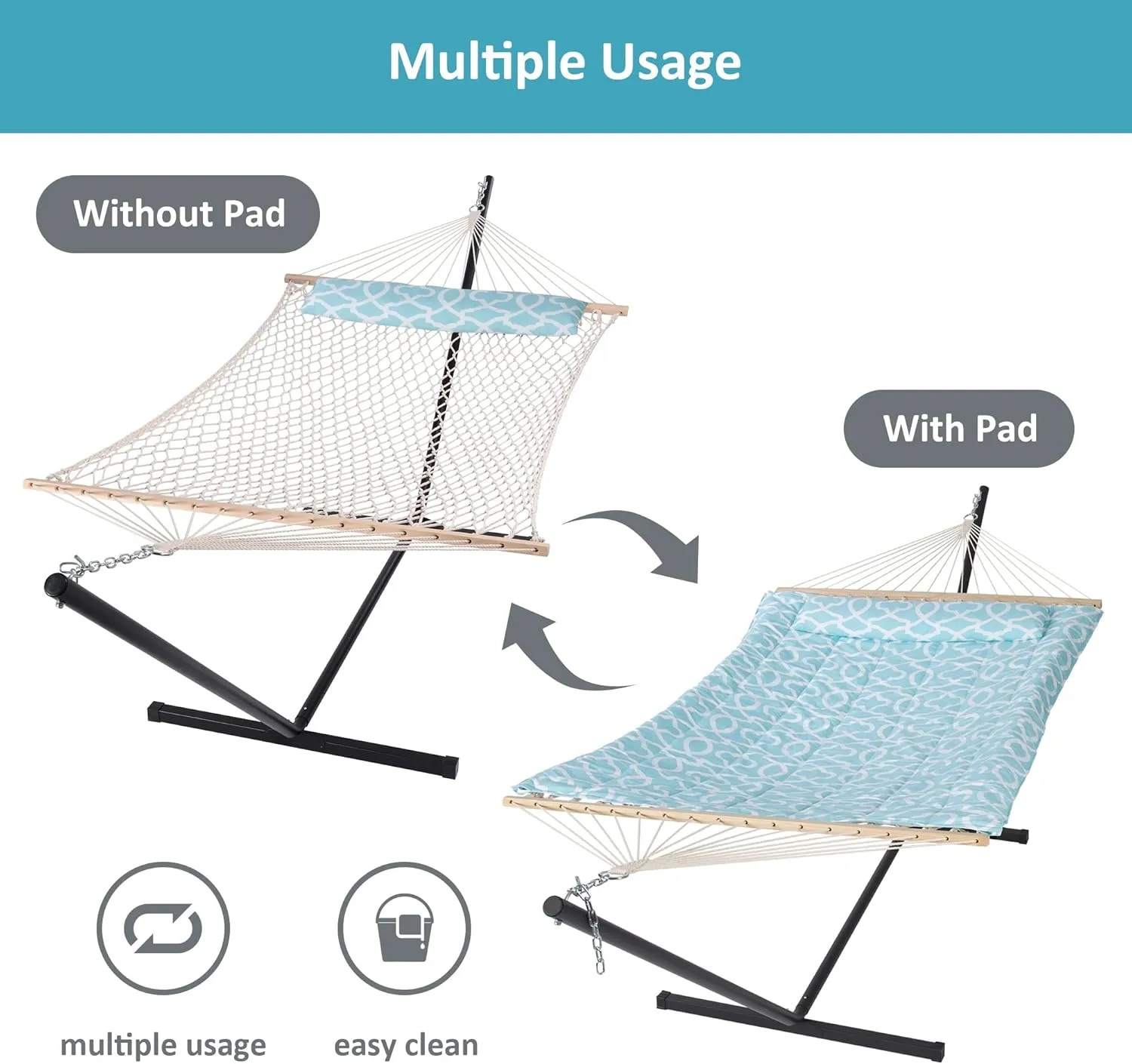 SUNCREAT Double Outdoor Hammock with Stand, Two Person Cotton Rope Hammock with Polyester Pad, Green