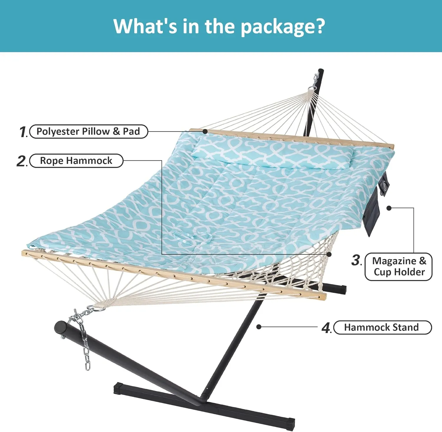 SUNCREAT Double Outdoor Hammock with Stand, Two Person Cotton Rope Hammock with Polyester Pad, Green