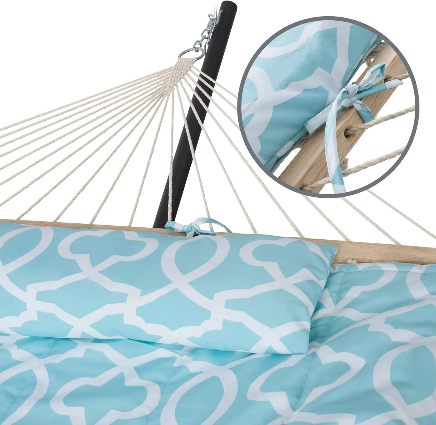 SUNCREAT Double Outdoor Hammock with Stand, Two Person Cotton Rope Hammock with Polyester Pad, Green