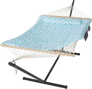SUNCREAT Double Outdoor Hammock with Stand, Two Person Cotton Rope Hammock with Polyester Pad, Green