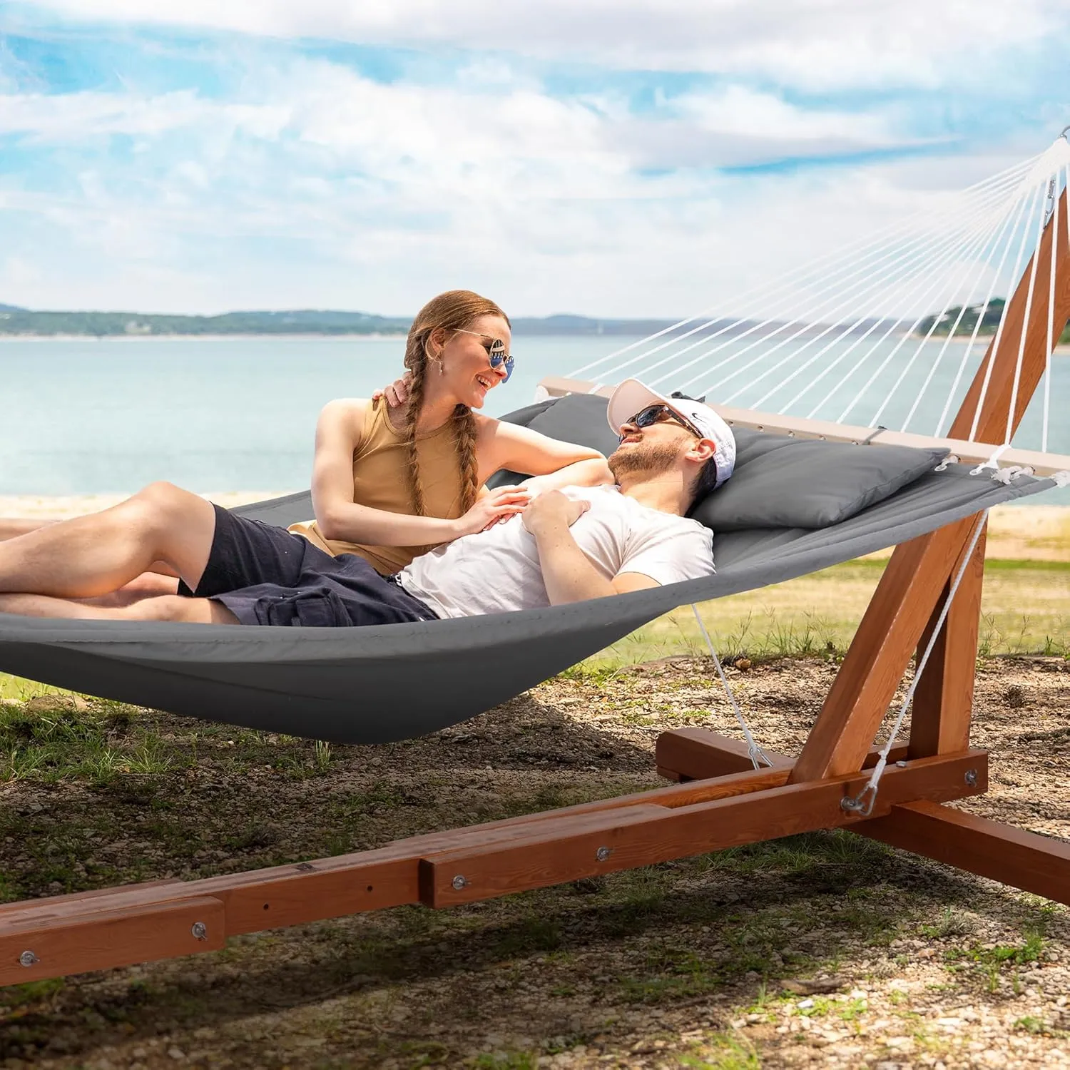 SUNCREAT Hammocks Double Hammock with Adjustable Wooden Stand Included, Outdoor Hammocks for Outside, 475 lbs Capacity, Dark Gray