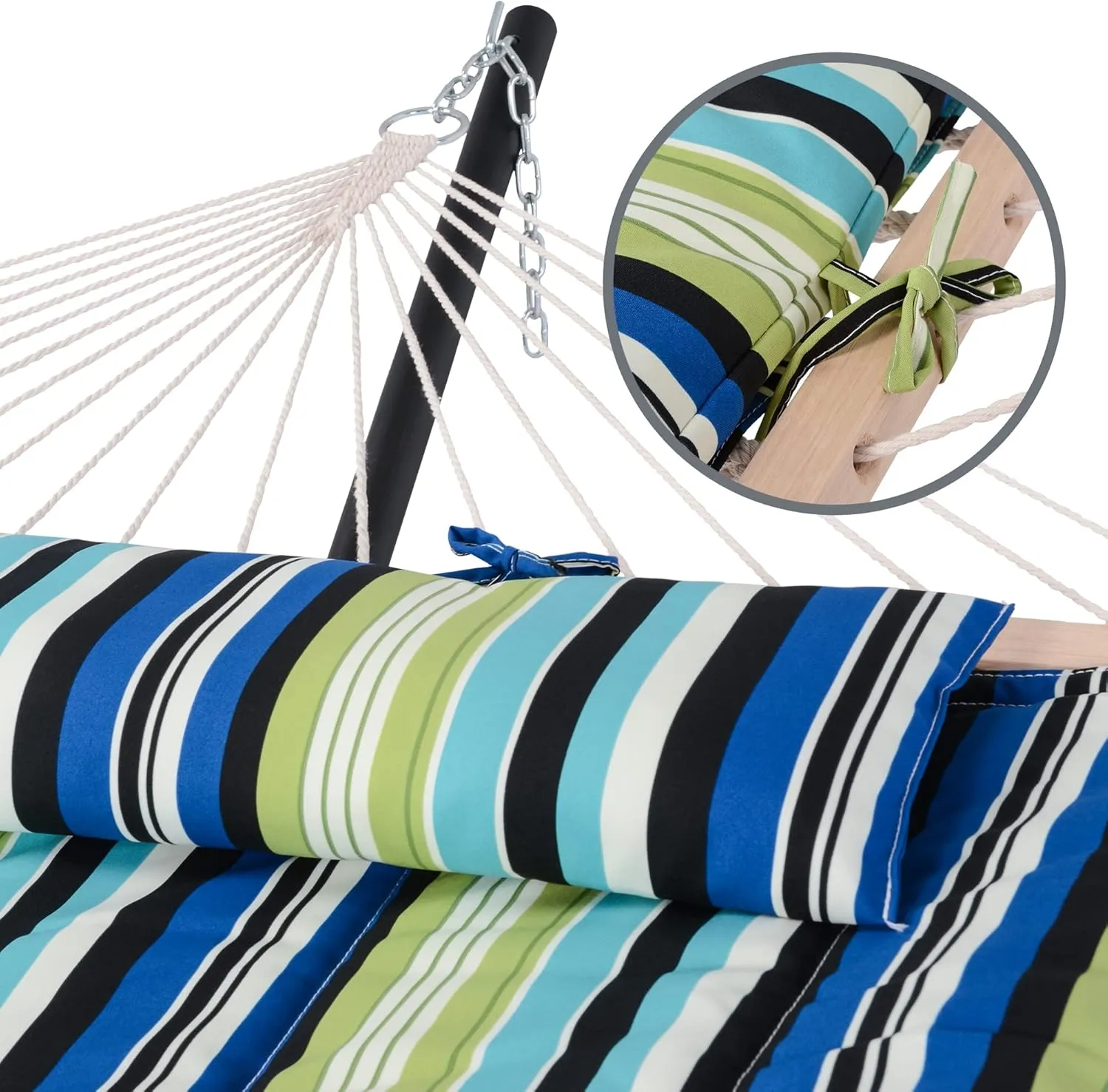 SUNCREAT Hammocks Outdoor Double Hammock with Hardwood Spreader Bar, Cotton Rope Hammock with Polyester Pad, Blue&Green