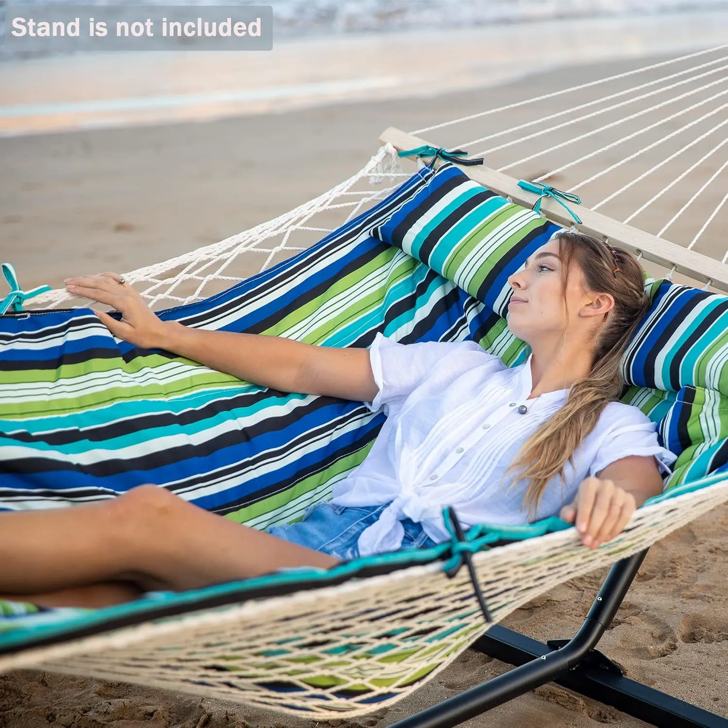 SUNCREAT Hammocks Outdoor Double Hammock with Hardwood Spreader Bar, Cotton Rope Hammock with Polyester Pad, Blue&Green