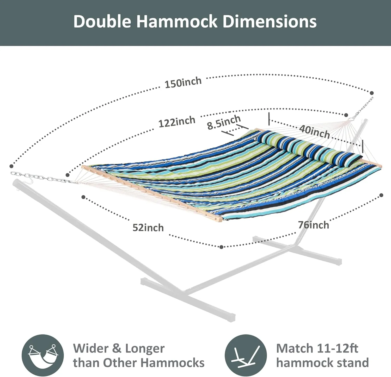 SUNCREAT Hammocks Outdoor Double Hammock with Hardwood Spreader Bar, Cotton Rope Hammock with Polyester Pad, Blue&Green