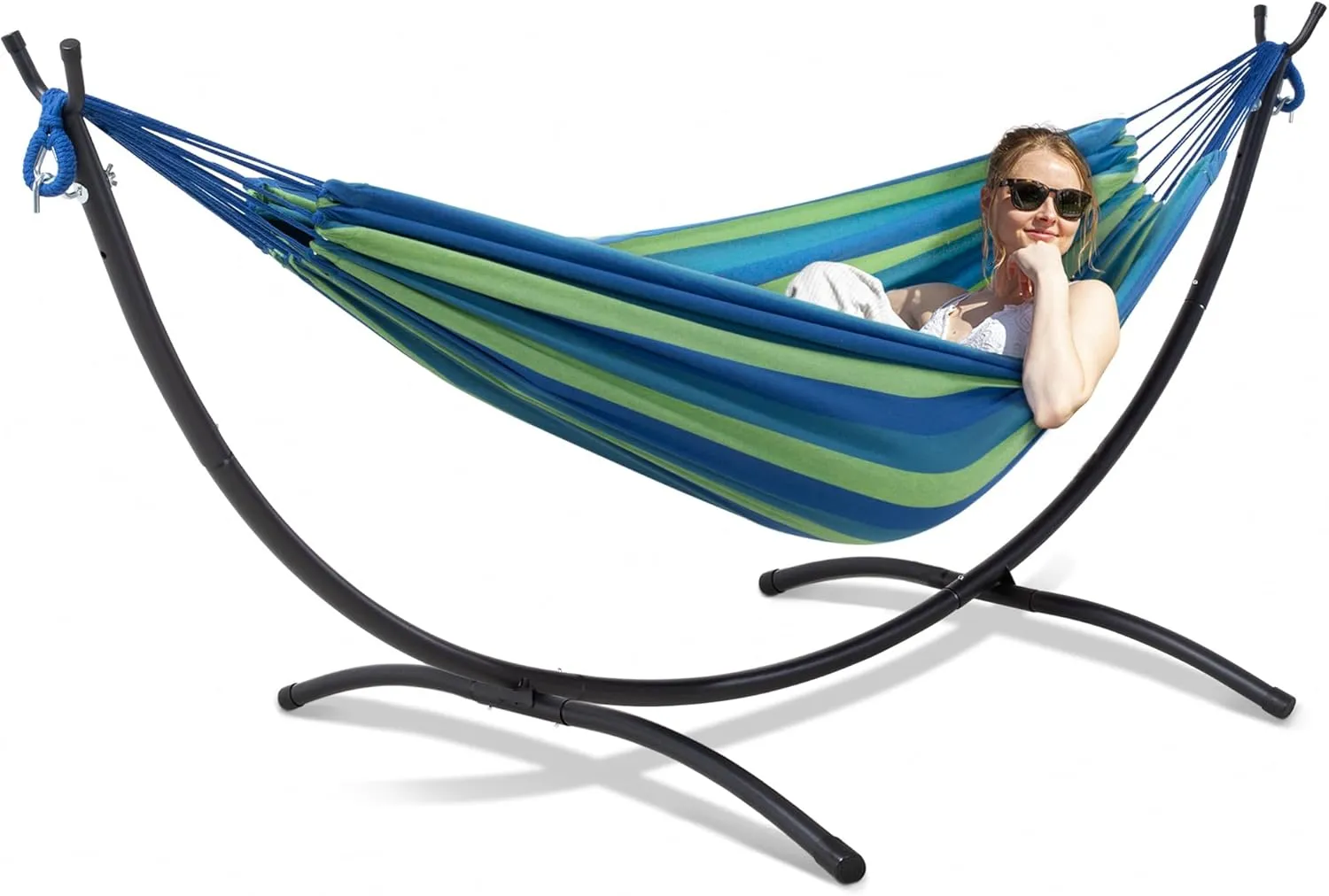 SUNCREAT Portable Outdoor Hammock with Stand, Double Hammock with Stand for Outside, Blue & Green Stripes