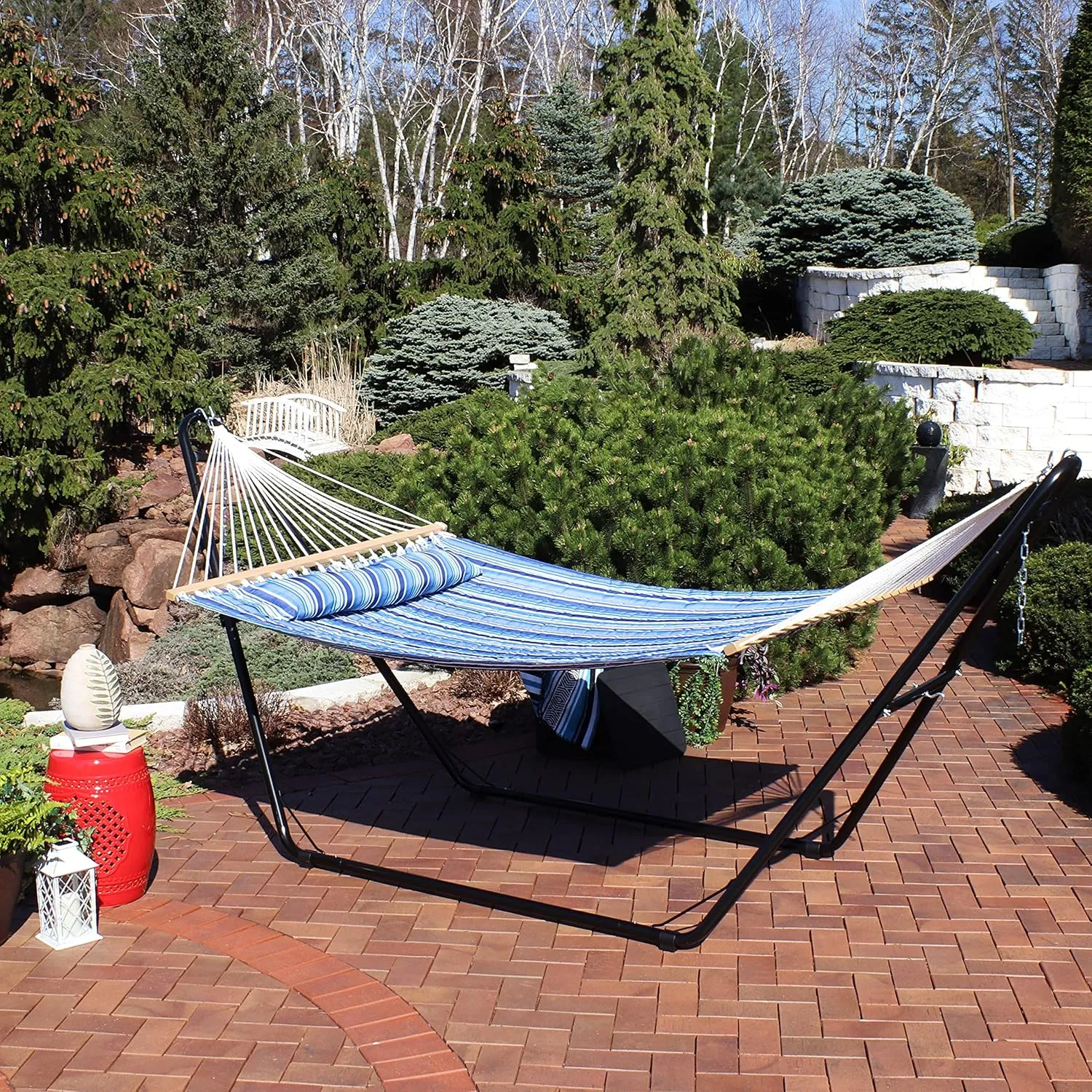 Sunnydaze Double Quilted Fabric Hammock with Universal Steel Stand - 450-Pound Capacity - Black Stand - Catalina Beach