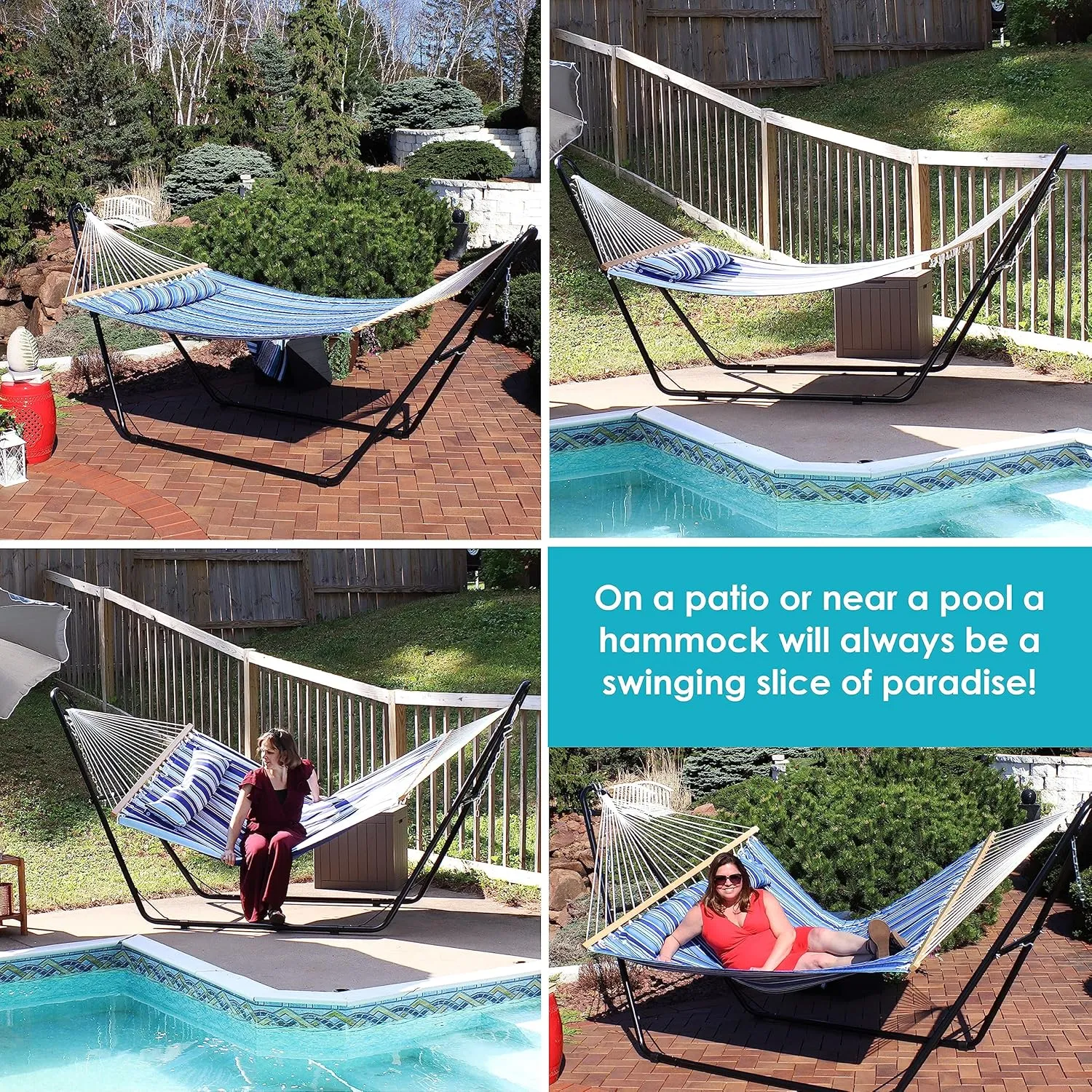 Sunnydaze Double Quilted Fabric Hammock with Universal Steel Stand - 450-Pound Capacity - Black Stand - Catalina Beach