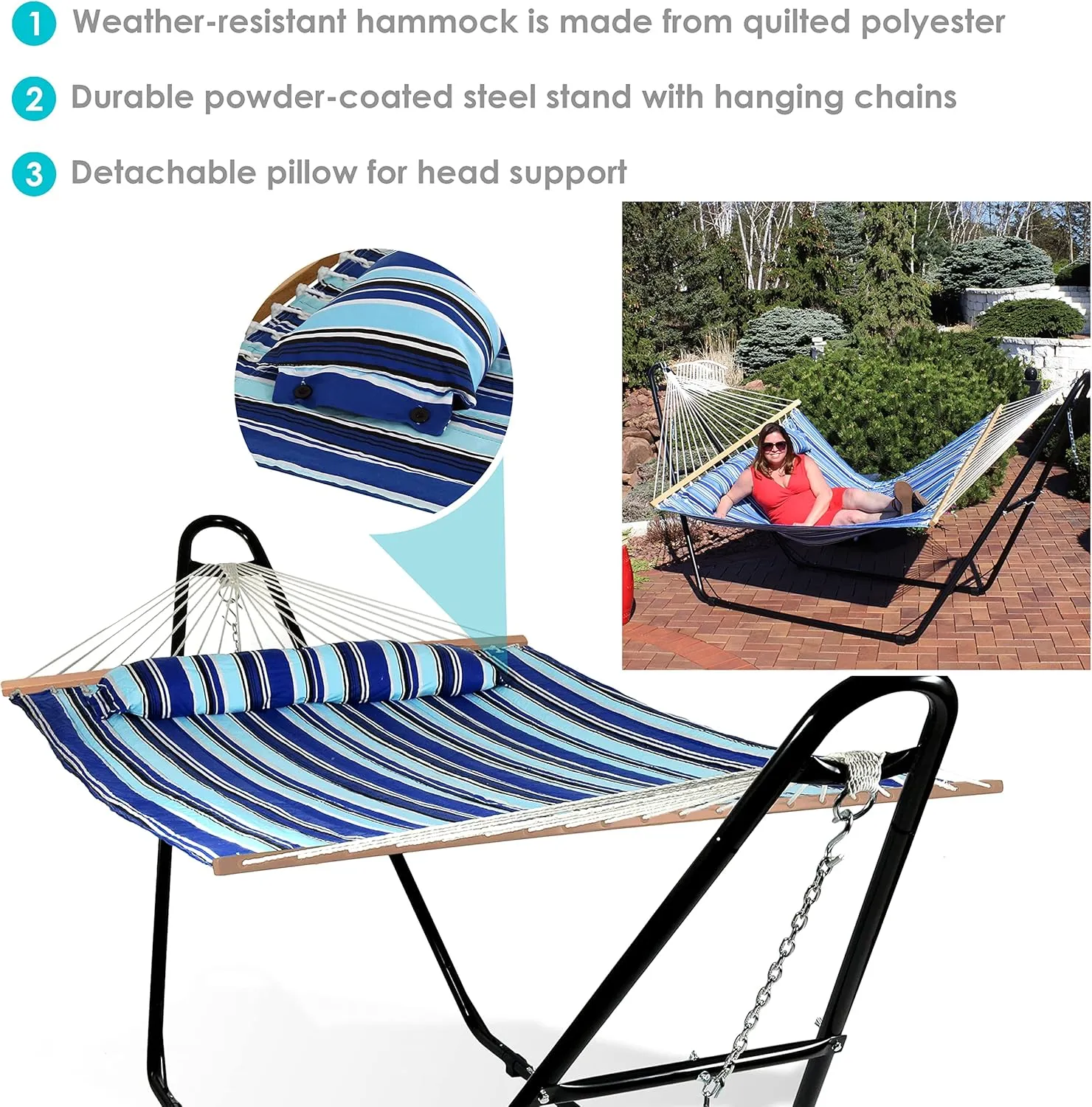Sunnydaze Double Quilted Fabric Hammock with Universal Steel Stand - 450-Pound Capacity - Black Stand - Catalina Beach
