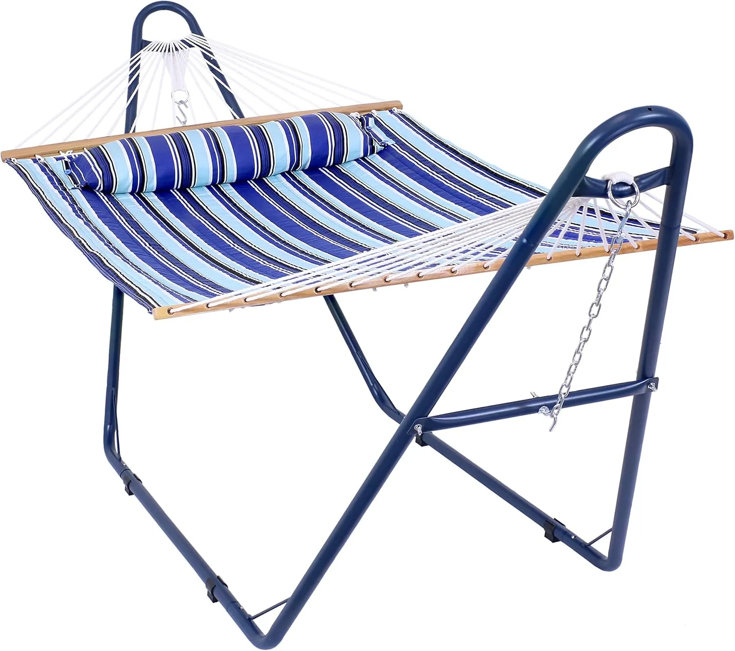 Sunnydaze Double Quilted Fabric Hammock with Universal Steel Stand - 450-Pound Capacity - Blue Stand - Catalina Beach