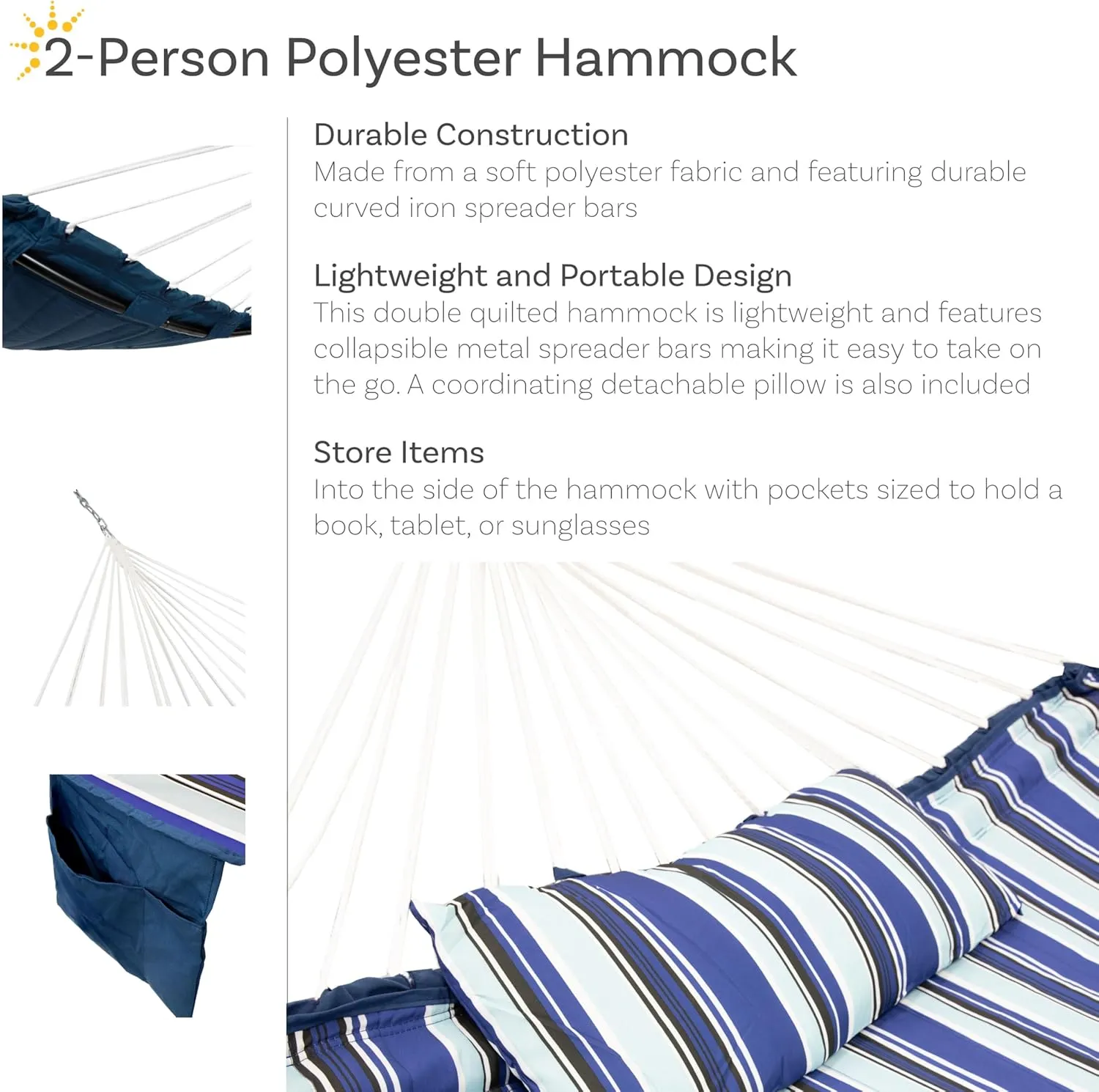 Sunnydaze Quilted Fabric Double Outdoor Hammock - 2-Person Hammock with Metal Curved Spreader Bars - Catalina Beach