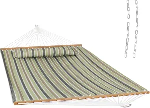 Sunnydaze Quilted Outdoor Hammock with Spreader Bars - Heavy-Duty 450-Pound Capacity Double Hammock for Outside - Khaki Stripe