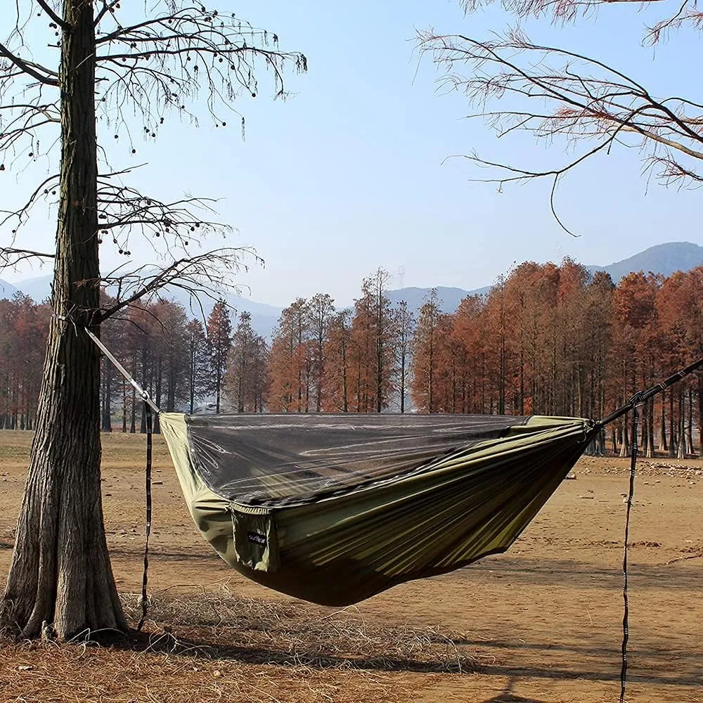 Sunyear Camping Hammock with Removable No See-Um Net, Double & Single Portable Outdoor Hammocks Parachute Lightweight Nylon with Tree Straps for Adventures Hiking Backpacking