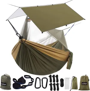 Sunyear Hammock Camping with Rain Fly Tarp and Net, Portable Camping Hammock Double Tree Hammock Outdoor Indoor Backpacking Travel & Survival, 2 Tree Straps,100% Waterproof