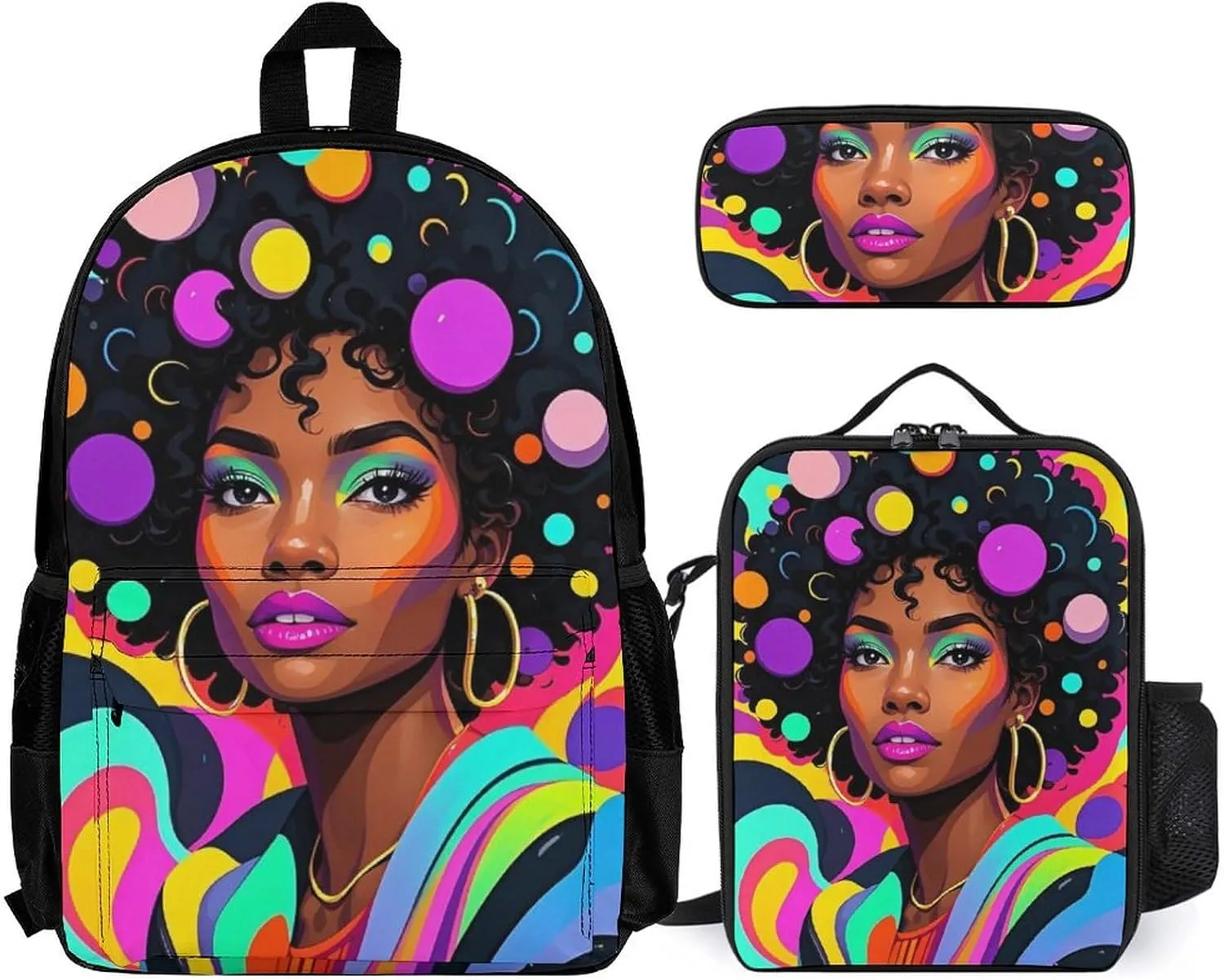 Supdreamc 3 Pcs Daypack Cool African American Woman Bold And Colorful Art Traveling & Camping Backpack Sets - Large Capacity Multipurpose Anti-Theft Carry On Bag for Adults
