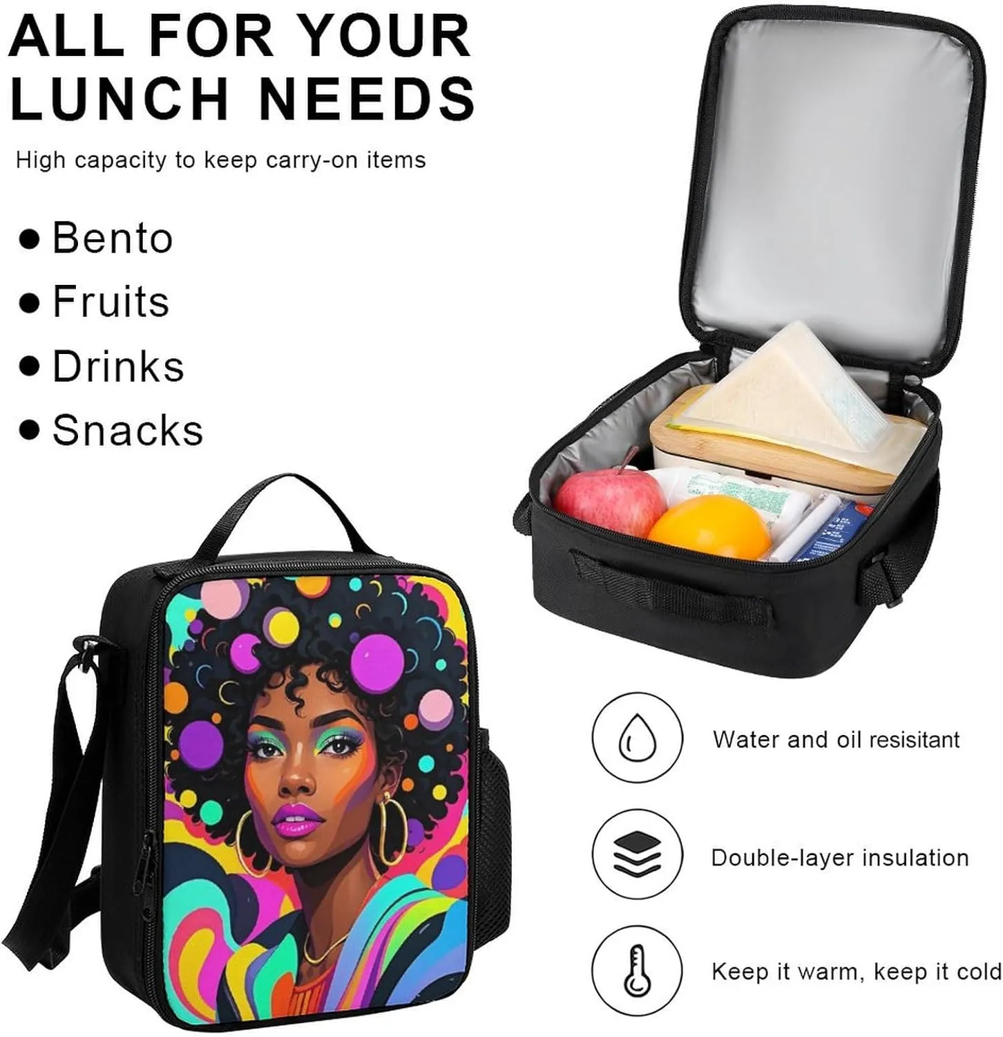 Supdreamc 3 Pcs Daypack Cool African American Woman Bold And Colorful Art Traveling & Camping Backpack Sets - Large Capacity Multipurpose Anti-Theft Carry On Bag for Adults