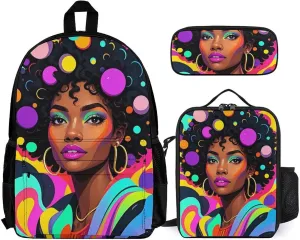 Supdreamc 3 Pcs Daypack Cool African American Woman Bold And Colorful Art Traveling & Camping Backpack Sets - Large Capacity Multipurpose Anti-Theft Carry On Bag for Adults