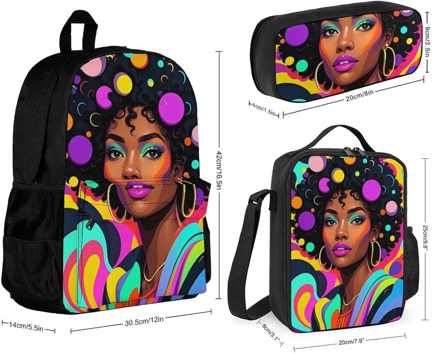 Supdreamc 3 Pcs Daypack Cool African American Woman Bold And Colorful Art Traveling & Camping Backpack Sets - Large Capacity Multipurpose Anti-Theft Carry On Bag for Adults