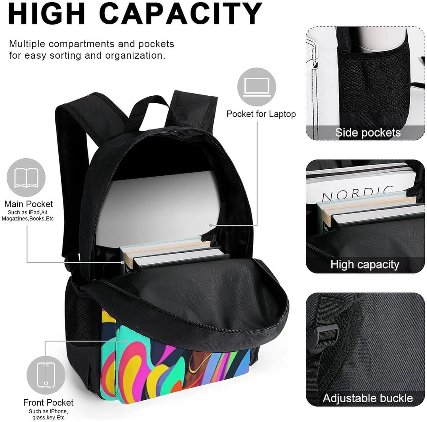 Supdreamc 3 Pcs Daypack Cool African American Woman Bold And Colorful Art Traveling & Camping Backpack Sets - Large Capacity Multipurpose Anti-Theft Carry On Bag for Adults