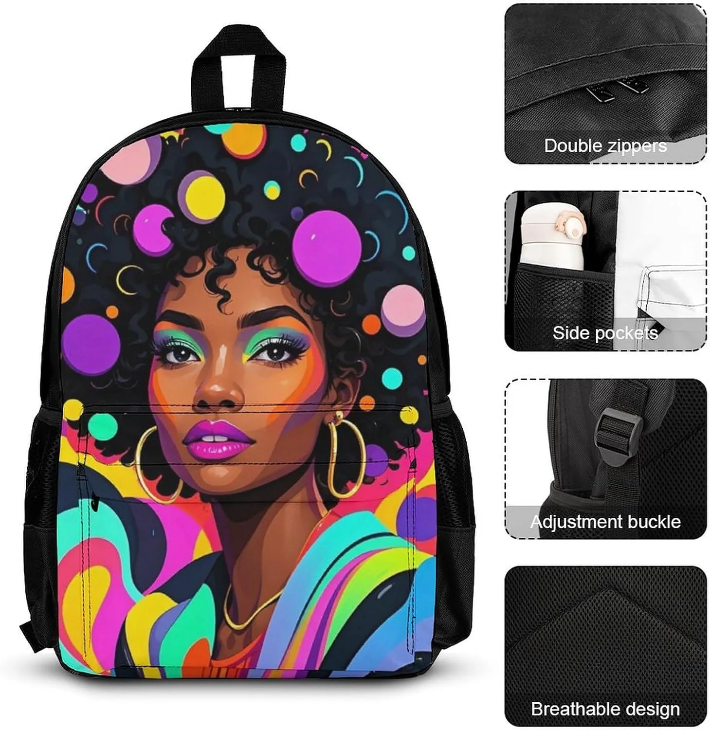 Supdreamc 3 Pcs Daypack Cool African American Woman Bold And Colorful Art Traveling & Camping Backpack Sets - Large Capacity Multipurpose Anti-Theft Carry On Bag for Adults