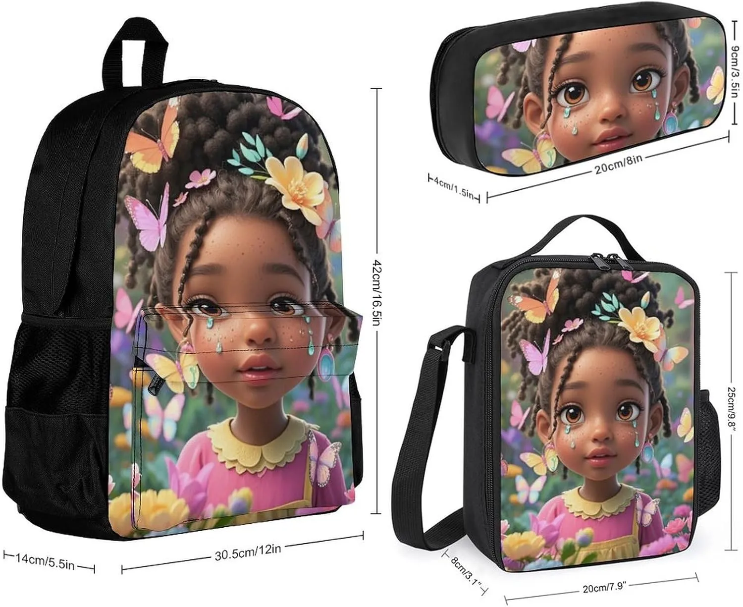 Supdreamc 3 Piece Daypack Colorful Afro American Black Woman With Butterflies Art Travel Hiking Bag & Day Pack - Big Capacity Multipurpose Bookbag Lunch Bag Pencil Case for Adult