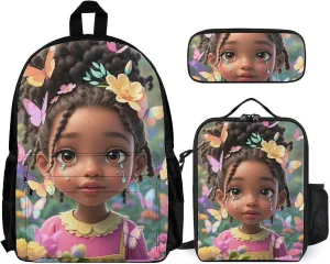 Supdreamc 3 Piece Daypack Colorful Afro American Black Woman With Butterflies Art Travel Hiking Bag & Day Pack - Big Capacity Multipurpose Bookbag Lunch Bag Pencil Case for Adult