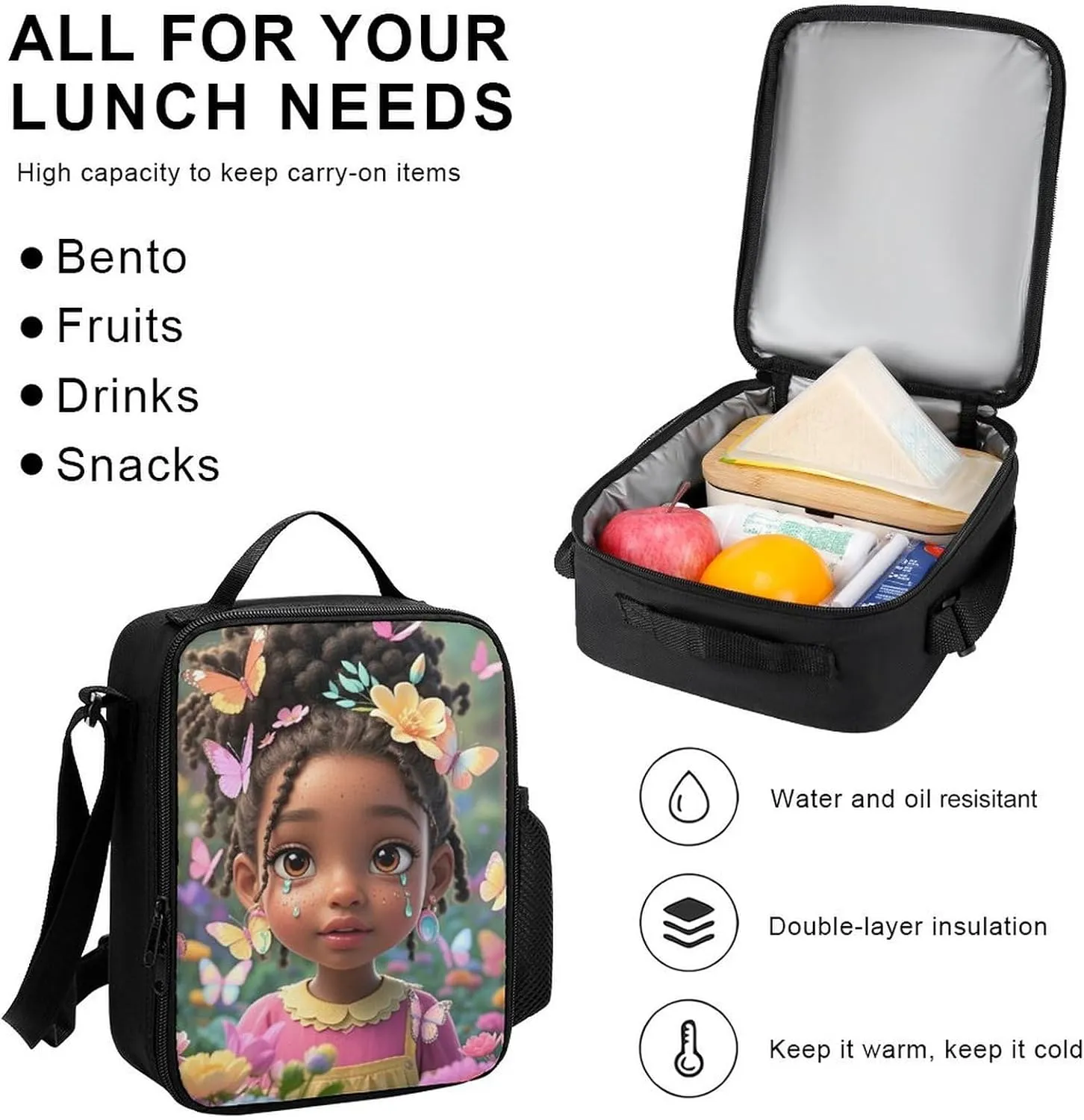 Supdreamc 3 Piece Daypack Colorful Afro American Black Woman With Butterflies Art Travel Hiking Bag & Day Pack - Big Capacity Multipurpose Bookbag Lunch Bag Pencil Case for Adult